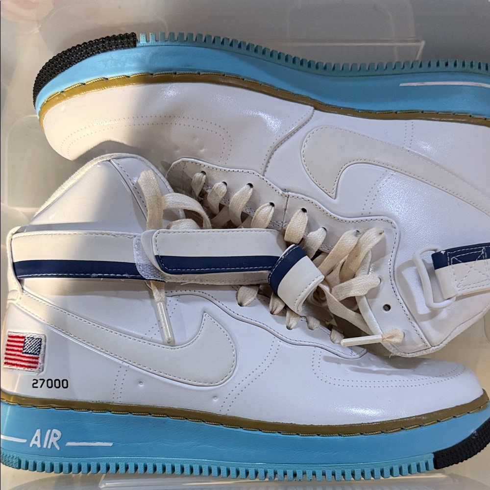 Nike White and Blue High-Top Sneakers